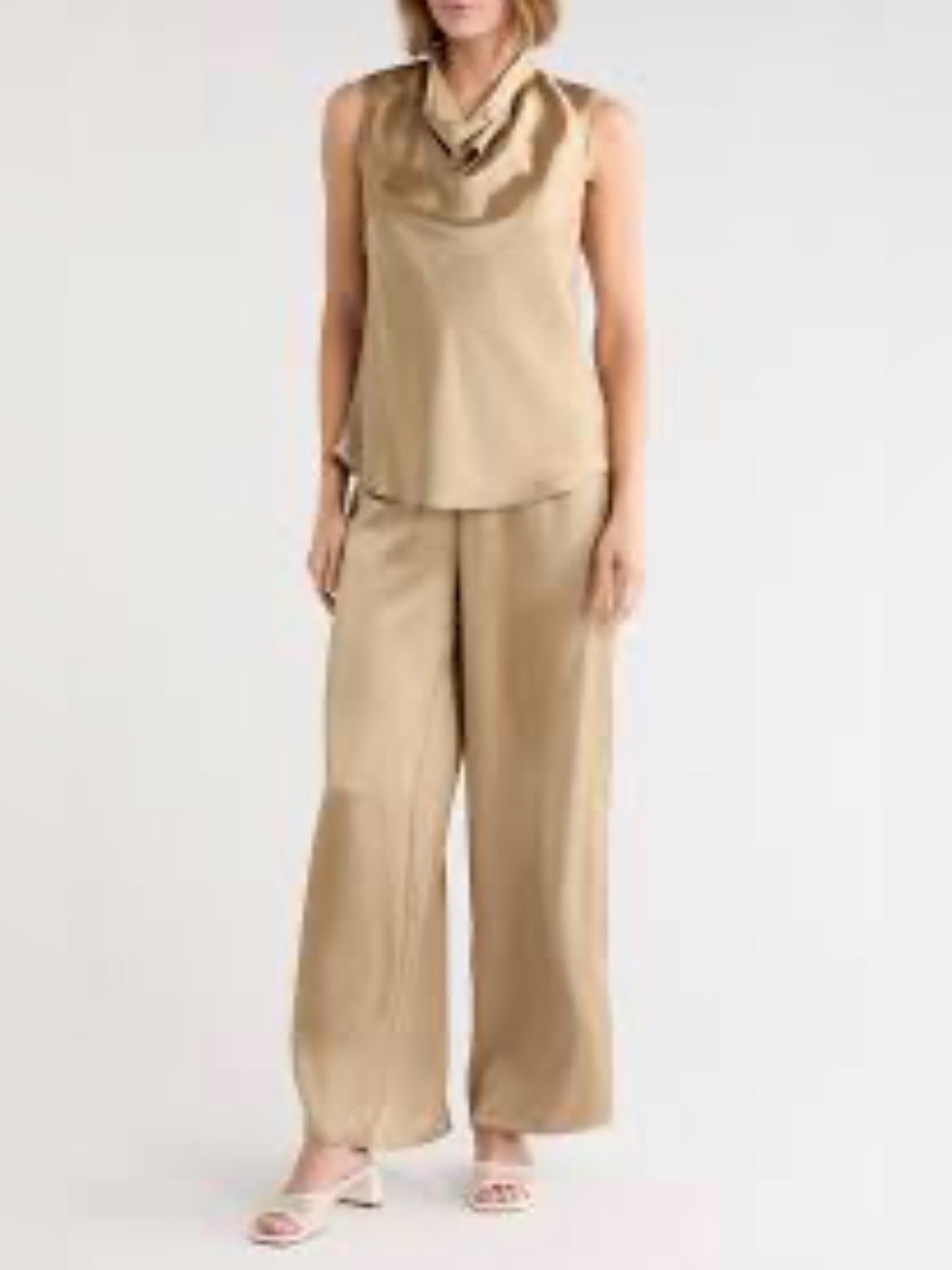 Elie Tahari Satin Cowl Neck Top & Pants Set.
